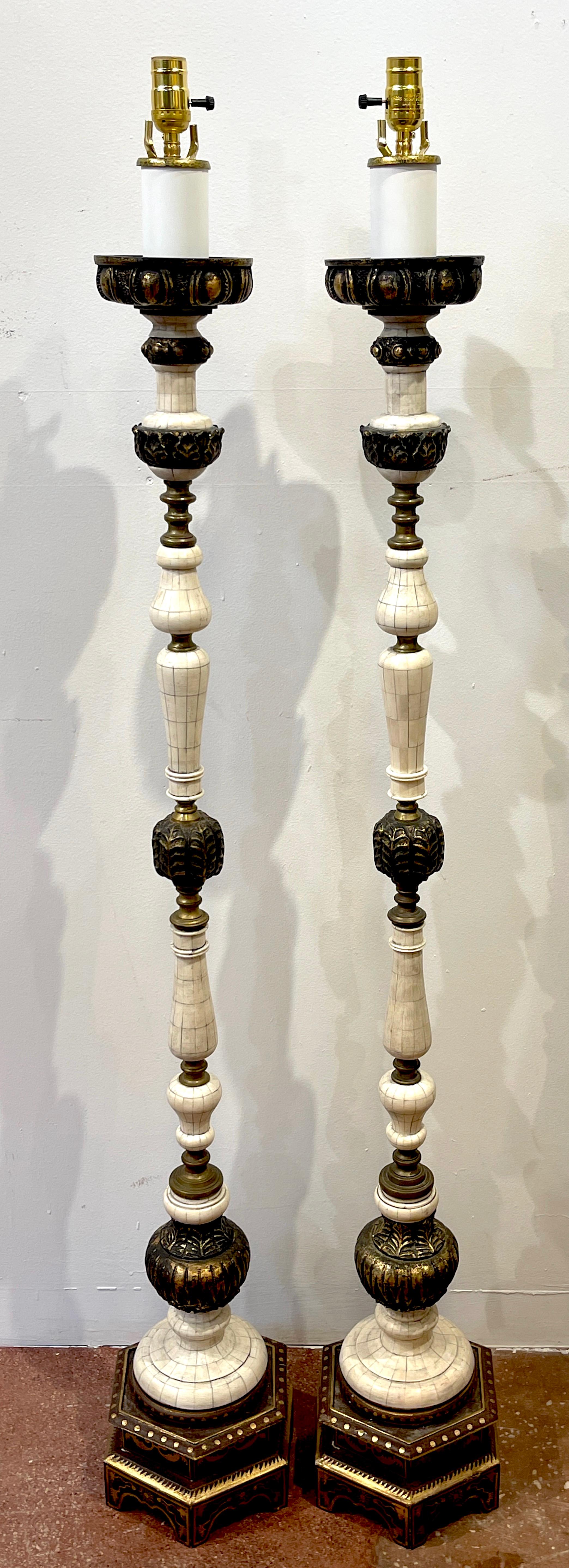 Pair of Anglo-Indian Inlaid Bone & Gilt Columnar Floor Lamps, Each one of tapered columnar with mosaic/inlaid bone sections, separated by gilt lacquered, polychromed acanthus mounts. Resting on 10-Inch diameter hexagonal bases.
Shown with 20