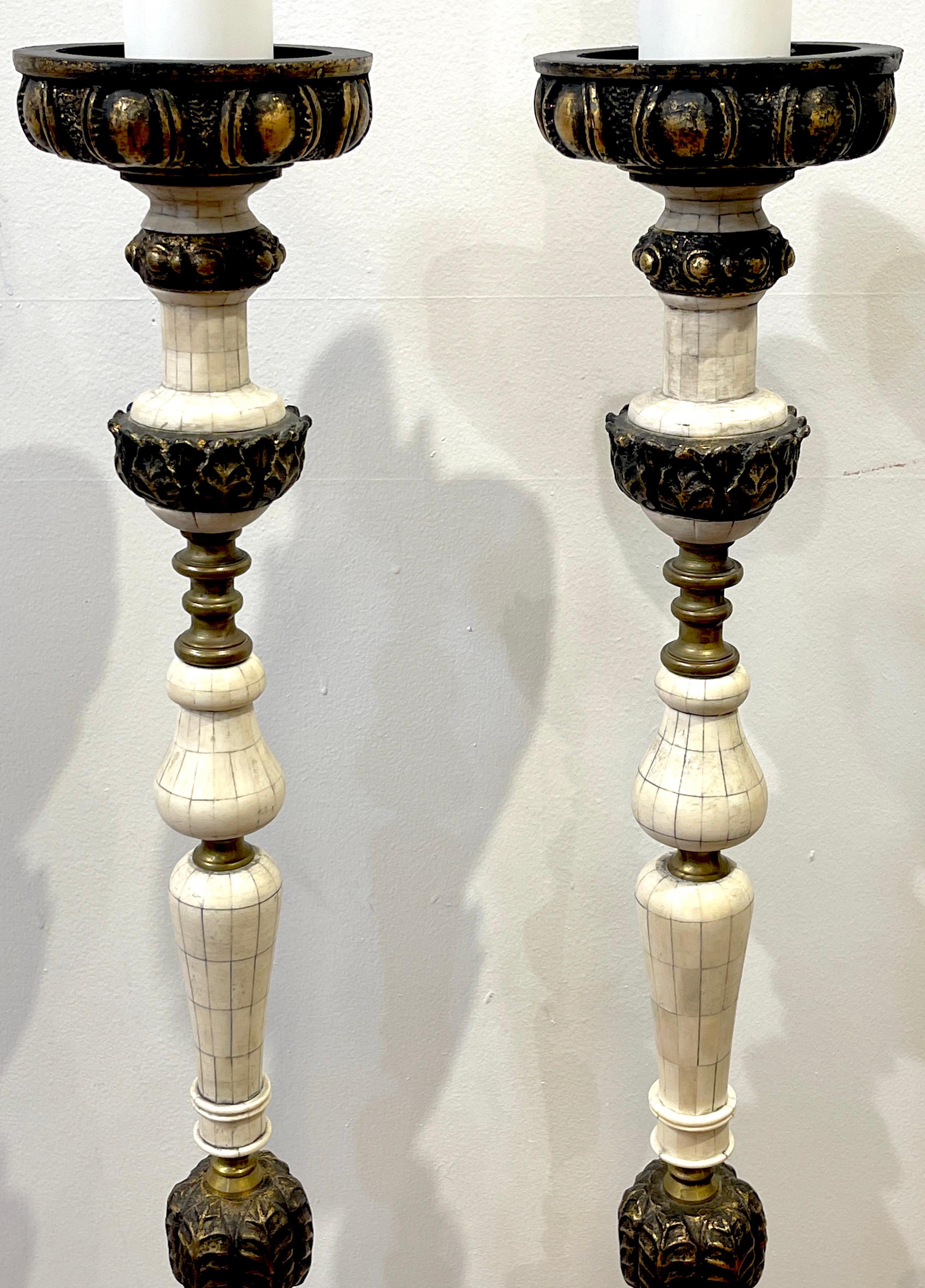 Pair of Anglo-Indian Inlaid Bone & Gilt Columnar Floor Lamps In Good Condition In West Palm Beach, FL