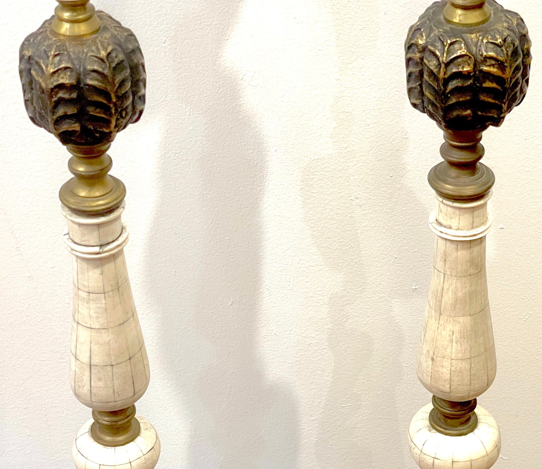 20th Century Pair of Anglo-Indian Inlaid Bone & Gilt Columnar Floor Lamps