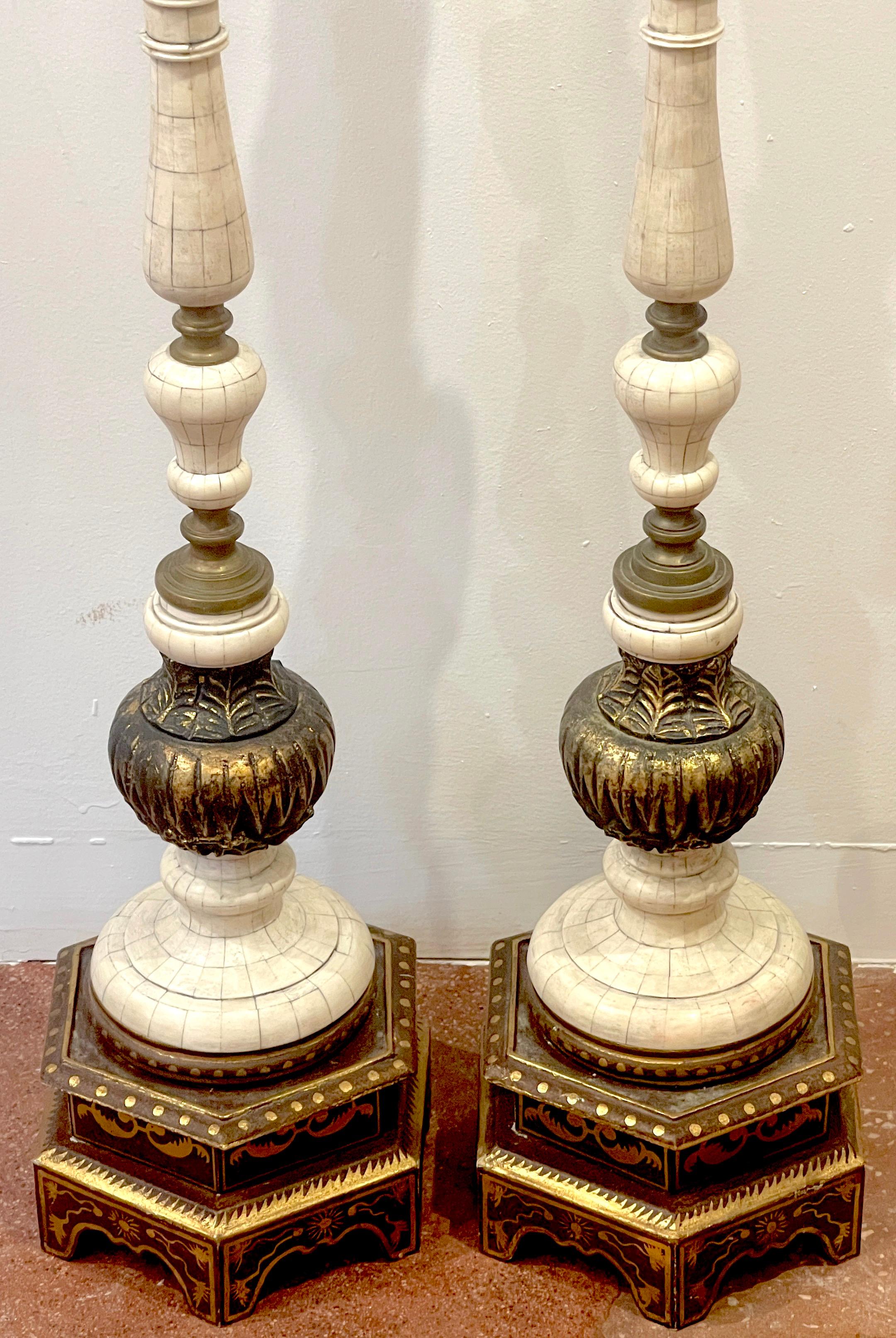 Metal Pair of Anglo-Indian Inlaid Bone & Gilt Columnar Floor Lamps