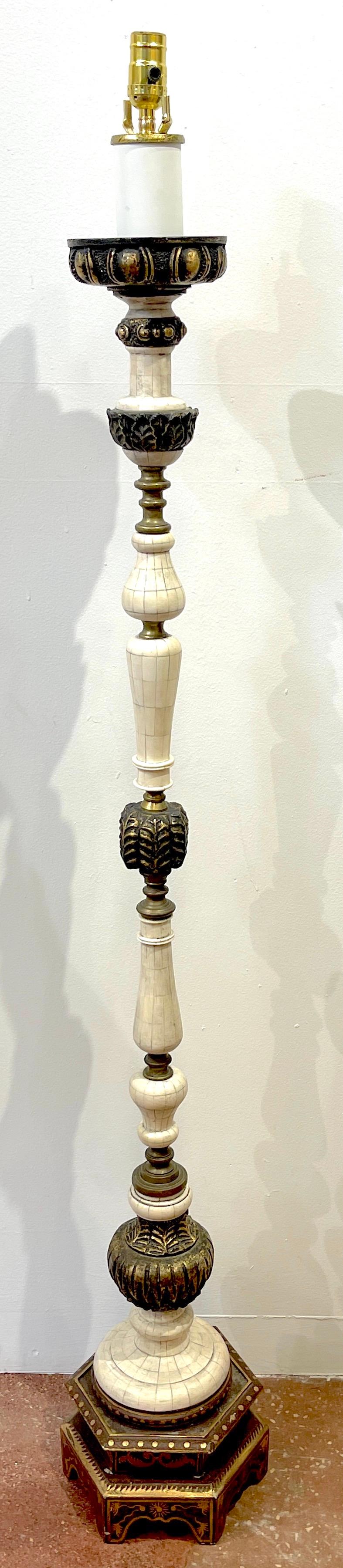 Pair of Anglo-Indian Inlaid Bone & Gilt Columnar Floor Lamps 2