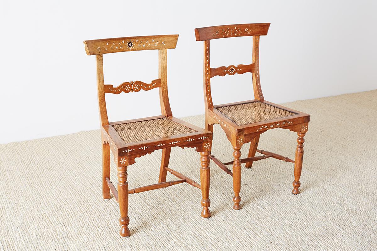 Hand-Crafted Pair of Anglo-Indian Koa Chairs with Bone Inlay