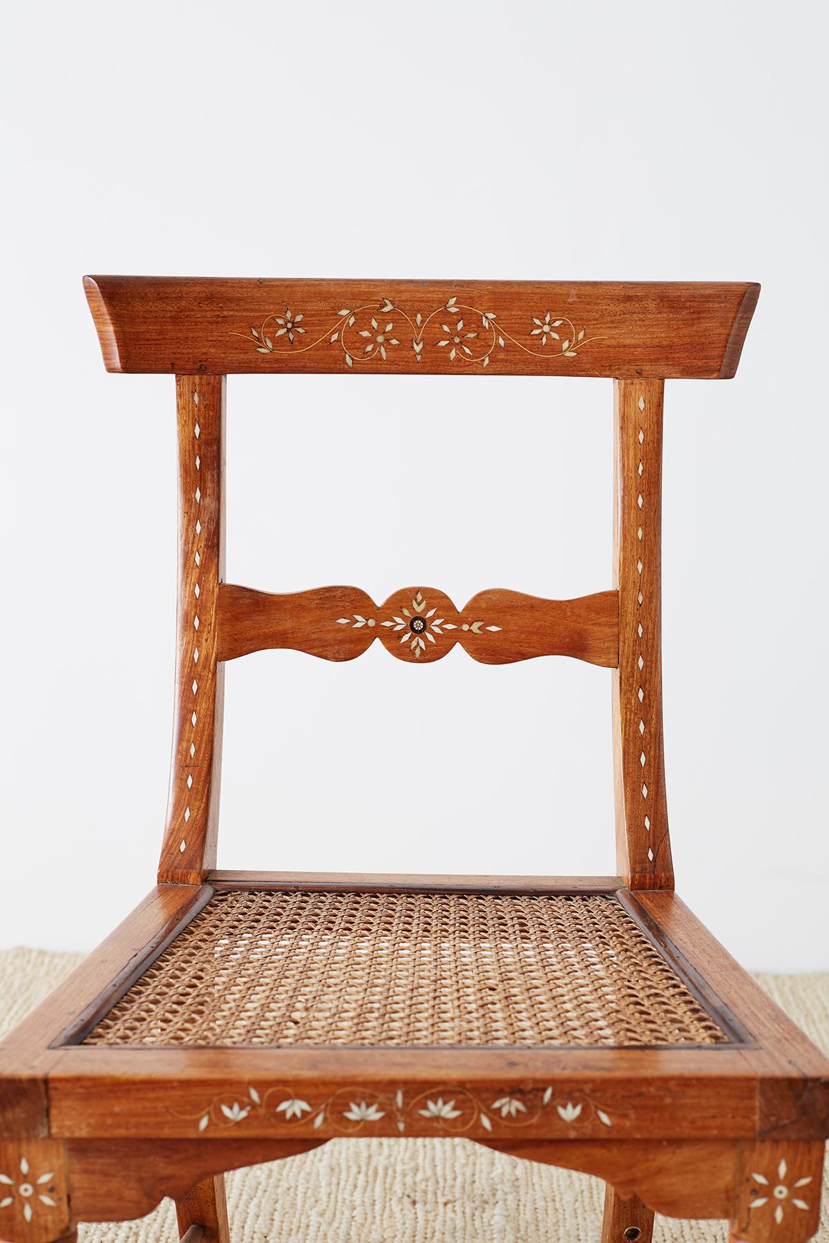 Cane Pair of Anglo-Indian Koa Chairs with Bone Inlay