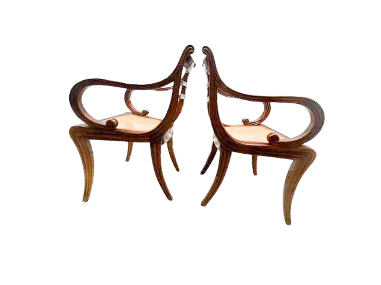19th Century Pair of Anglo-Indian Mahogany Armchairs with Reeded Detail and Caned Seats  For Sale