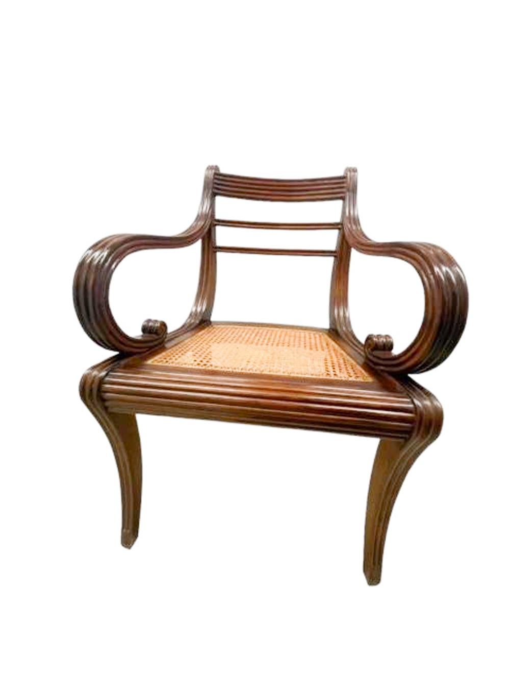 Pair of Anglo-Indian Mahogany Armchairs with Reeded Detail and Caned Seats  For Sale 3