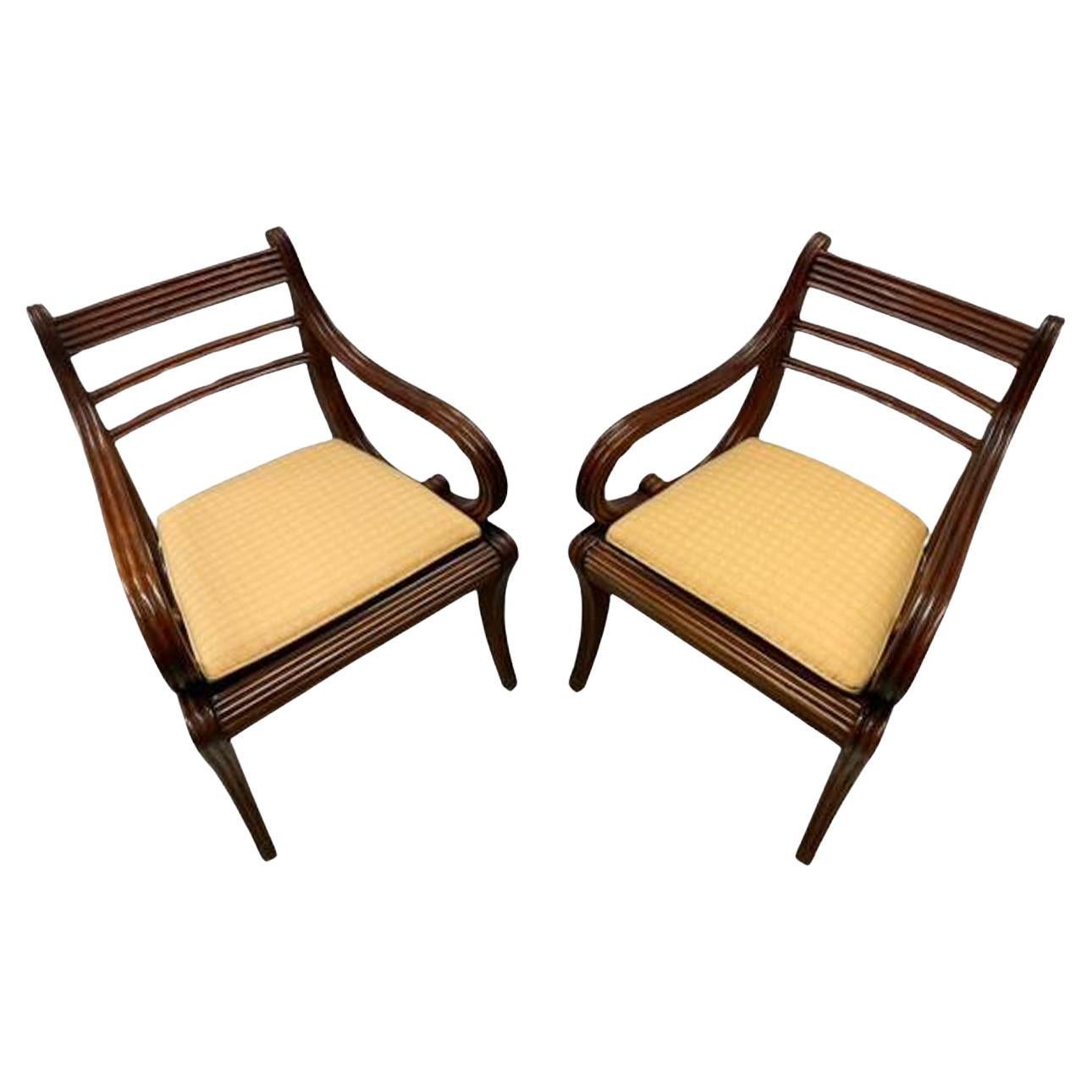 Pair of Anglo-Indian Mahogany Armchairs with Reeded Detail and Caned Seats  For Sale