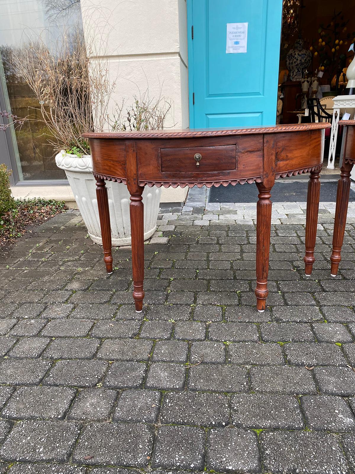 Hand-Carved Pair of Anglo-Indian or Anglo-Caribbean Carved Demilune Console Tables