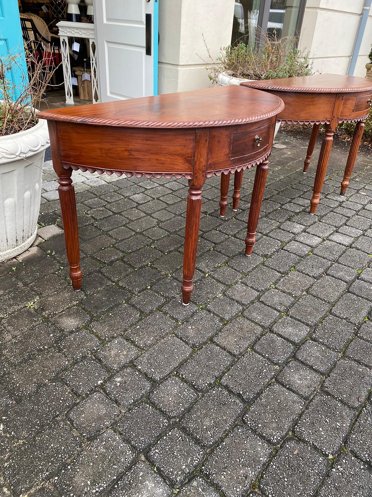 Pair of Anglo-Indian or Anglo-Caribbean Carved Demilune Console Tables 1