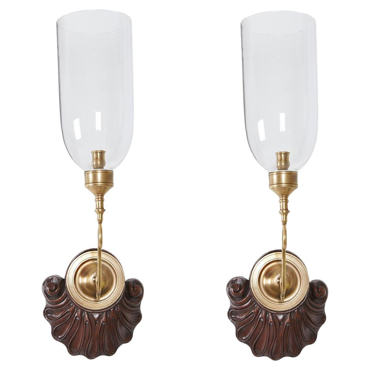 Pair of David Duncan Hurricane Sconces Hand Carved Rocaille Mahogany Backplates 