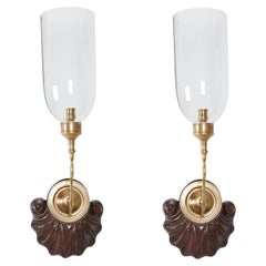Vintage Pair of David Duncan Hurricane Sconces Hand Carved Rocaille Mahogany Backplates 