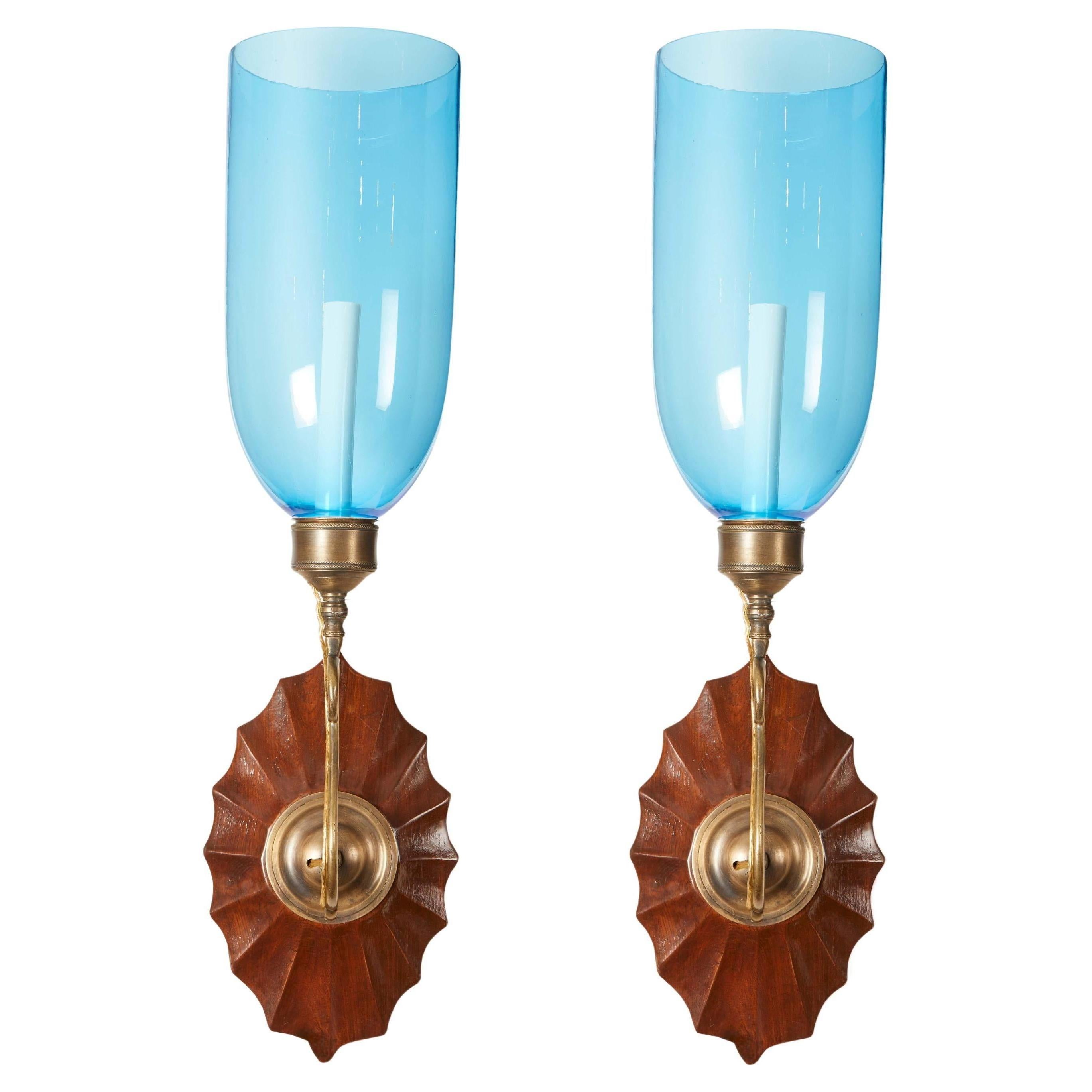 Pair of David Duncan Directoire Star Sconces with Blue Hurricane Shades  For Sale