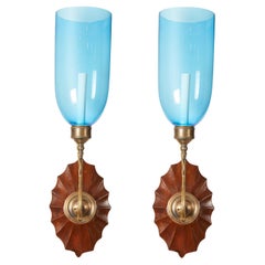 Pair of David Duncan Directoire Star Sconces with Blue Hurricane Shades 