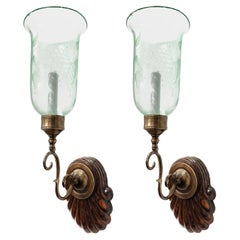 Antique Pair of David Duncan Scallop Shell Sconces w/ Light Green Etched Shades