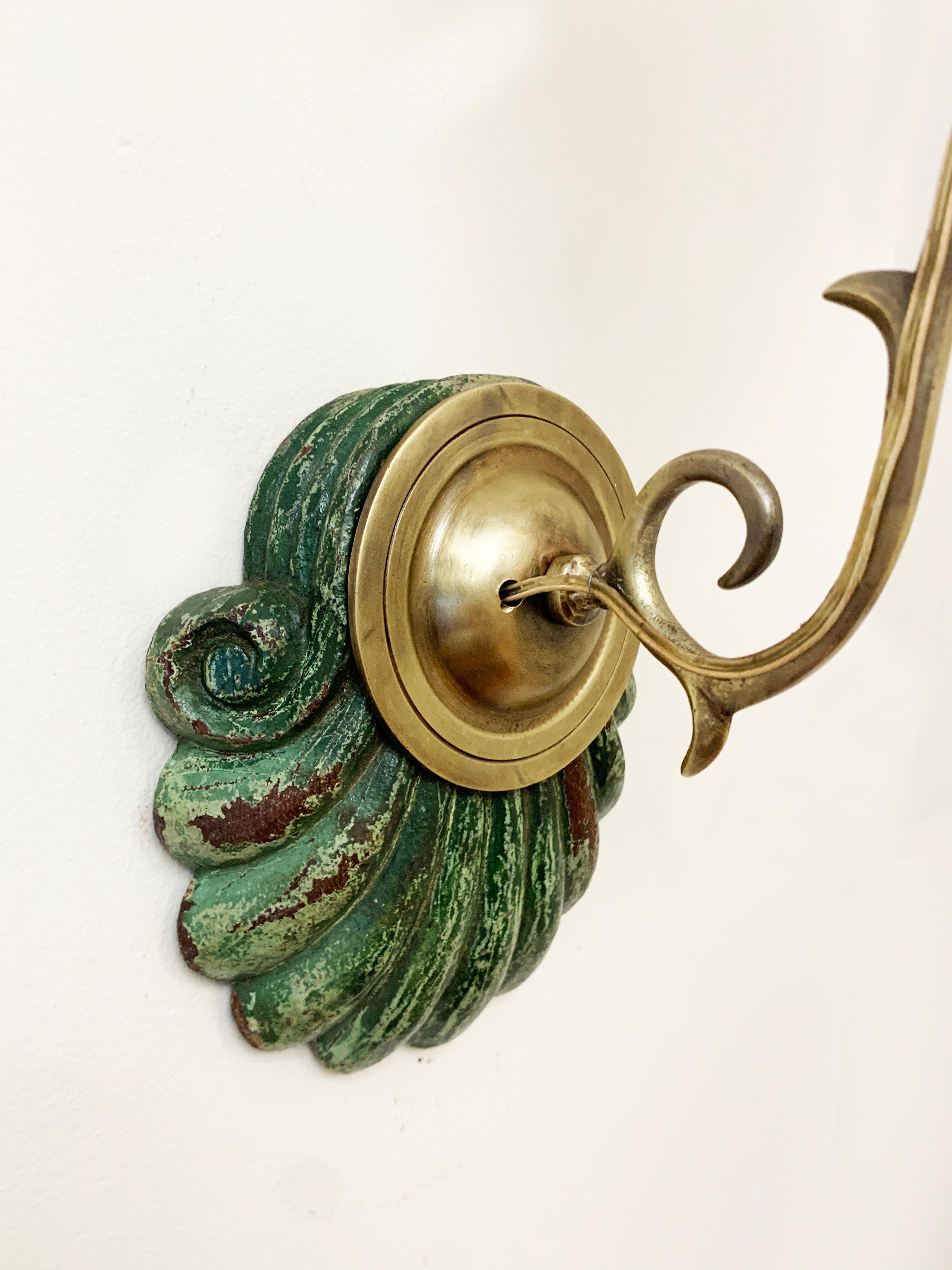 19th Century Pair of Anglo Indian Sconces w/ Natural Green Original Paint and Etched Shades