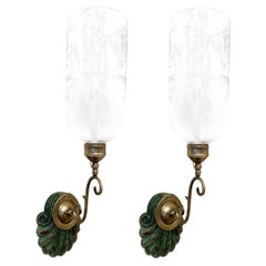 Pair of Anglo Indian Sconces w/ Natural Green Original Paint and Etched Shades