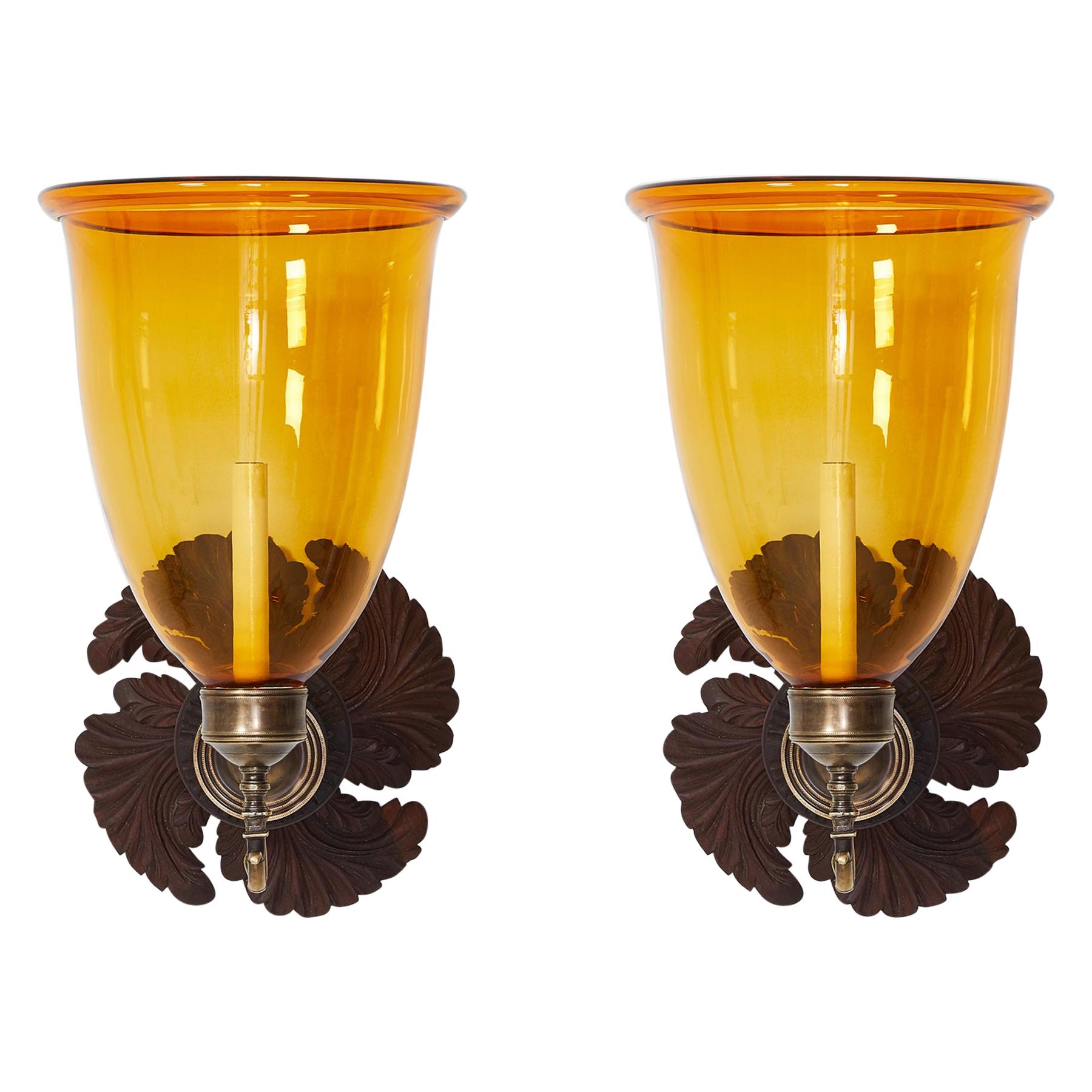 Pair of David Duncan Large Spiral Sconces with Amber Hurricane Shades