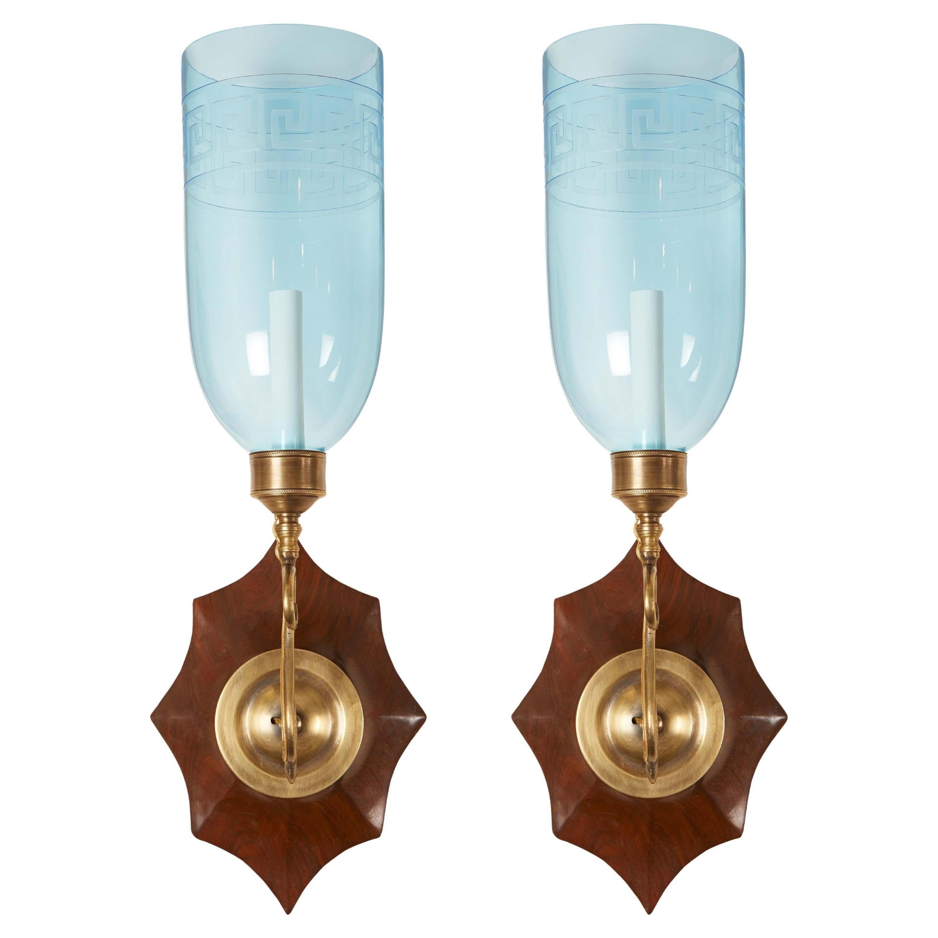 Pair of David Duncan Boissy Sconces with Etched Blue Hurricane Shades