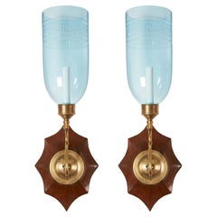 Pair of David Duncan Boissy Sconces with Etched Blue Hurricane Shades