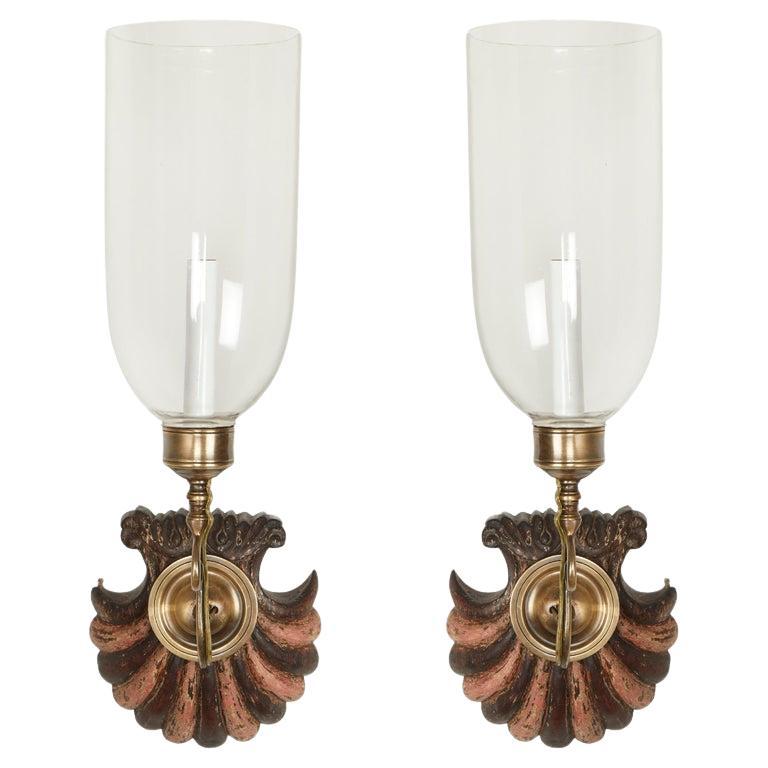 Pair of David Duncan Hurricane Sconces with Carved Mahogany Fanfare Backplates For Sale