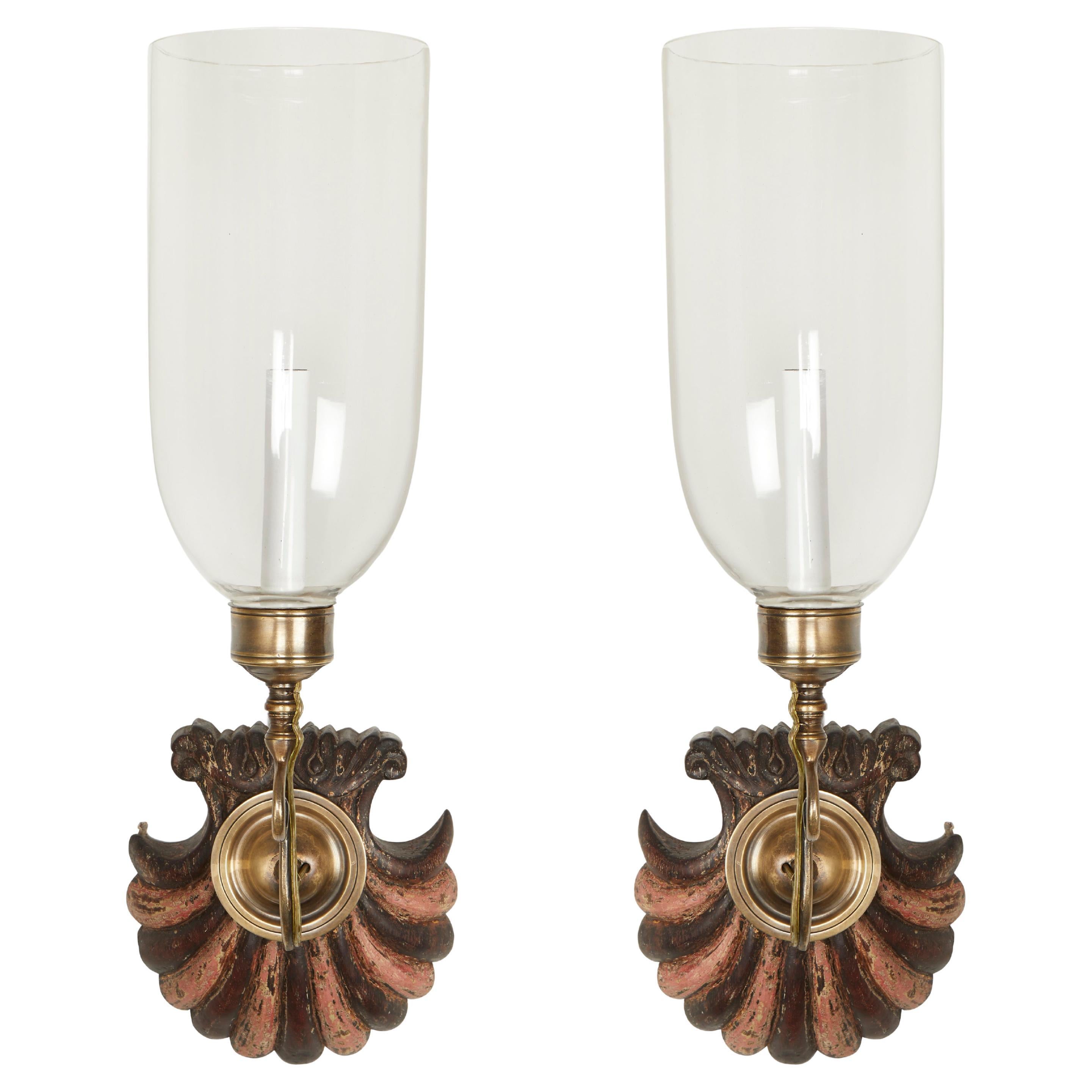 Pair of Anglo Indian Sconces with Hand Carved Mahogany