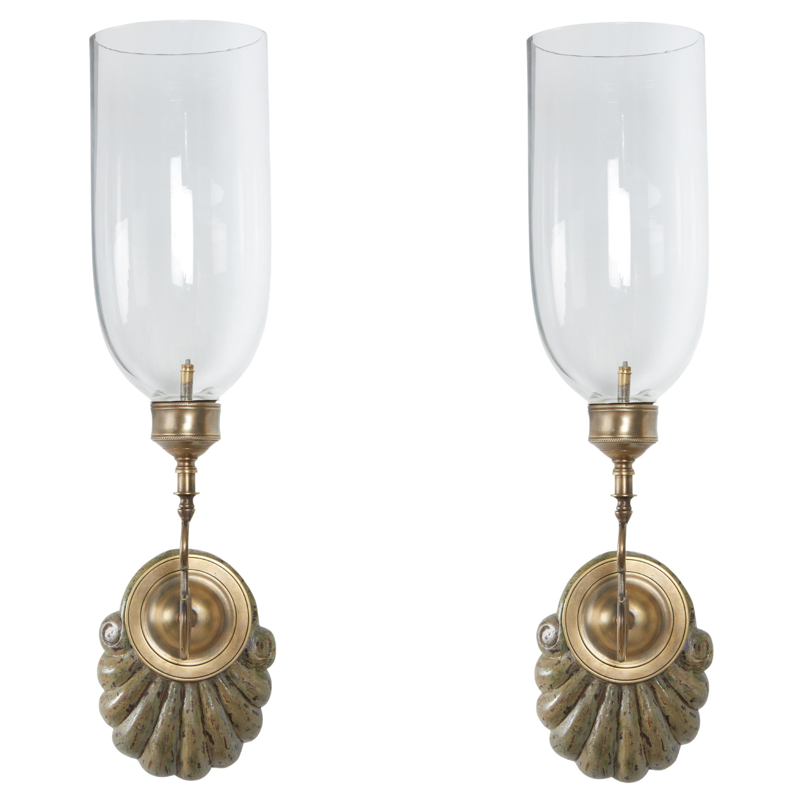 Pair of David Duncan Hurricane Sconces with Painted Scallop Shell Backplates For Sale