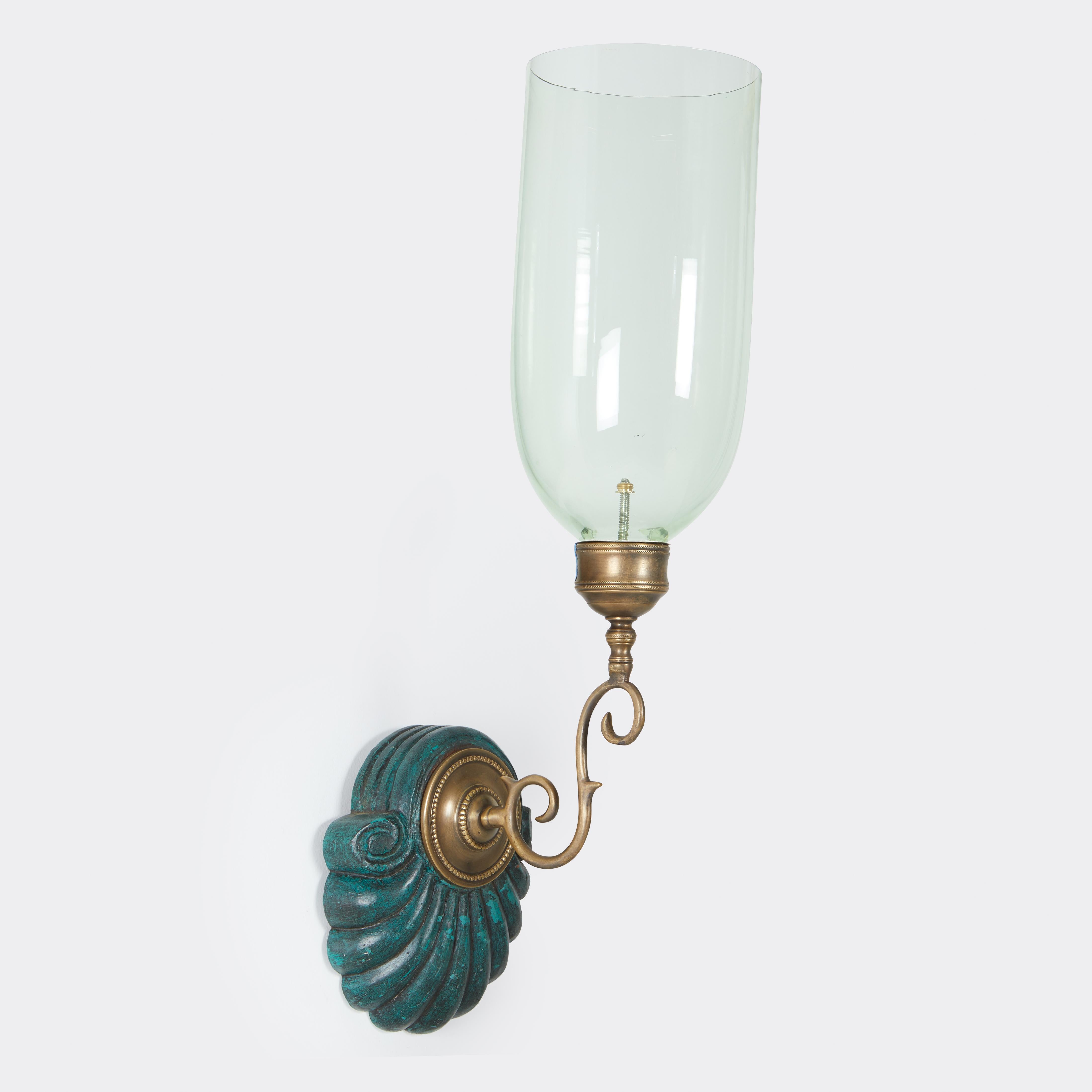 Georgian Pair of David Duncan Hurricane Sconces with Verdigris Scallop Shell Backplates  For Sale