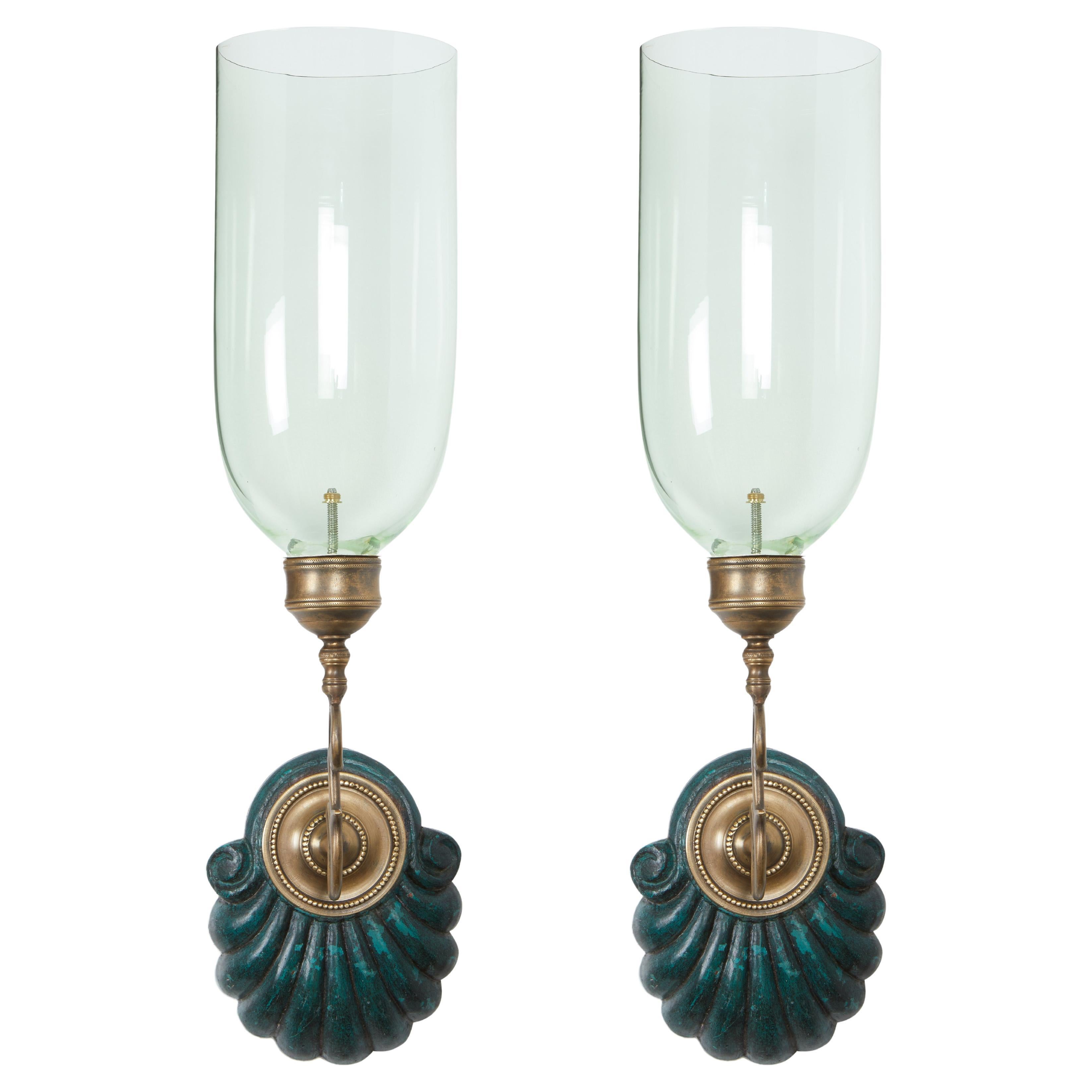 Pair of David Duncan Hurricane Sconces with Verdigris Scallop Shell Backplates 