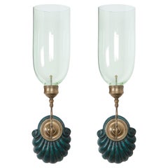 Pair of David Duncan Hurricane Sconces with Verdigris Scallop Shell Backplates 