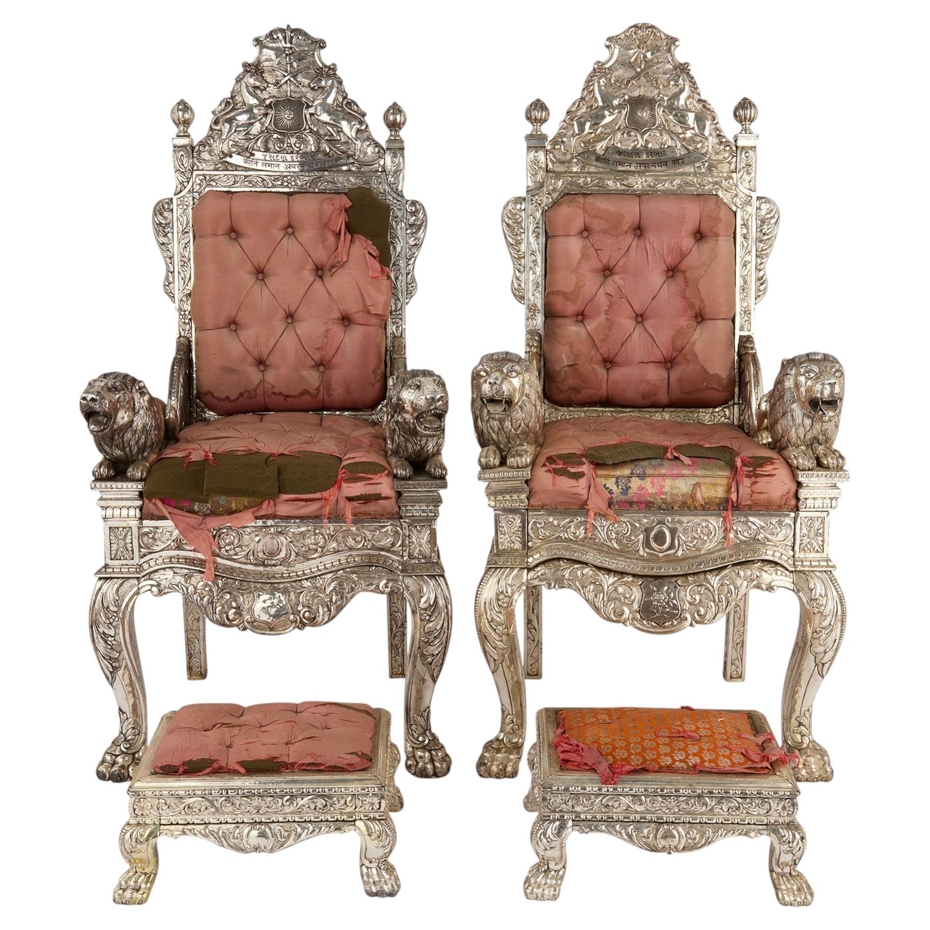 Pair of Anglo-Indian Silver-Clad Ceremonial Throne Chairs