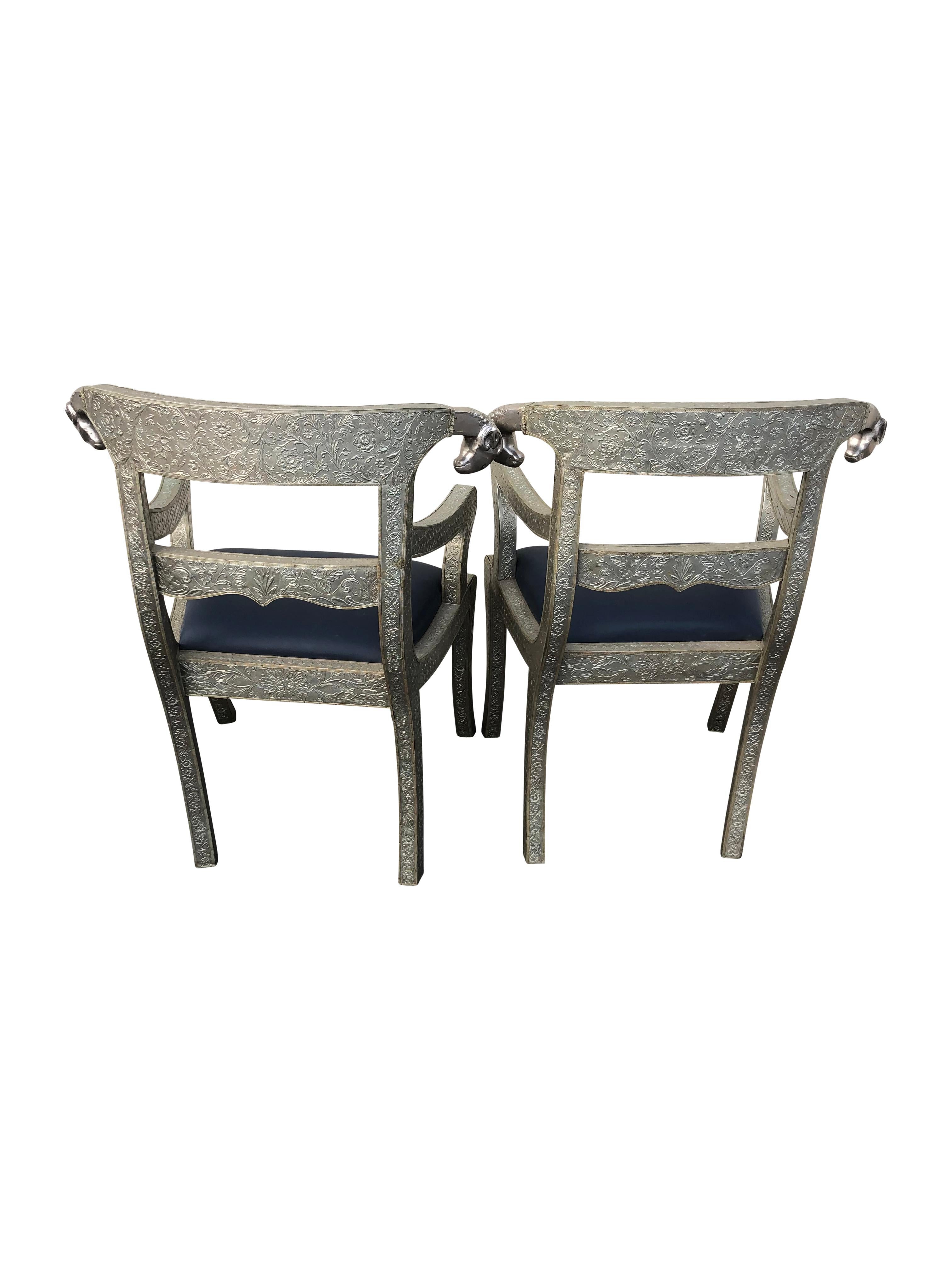 Pair of Anglo Indian Silver Metal Clad Armchairs With Rams Heads. For Sale 12