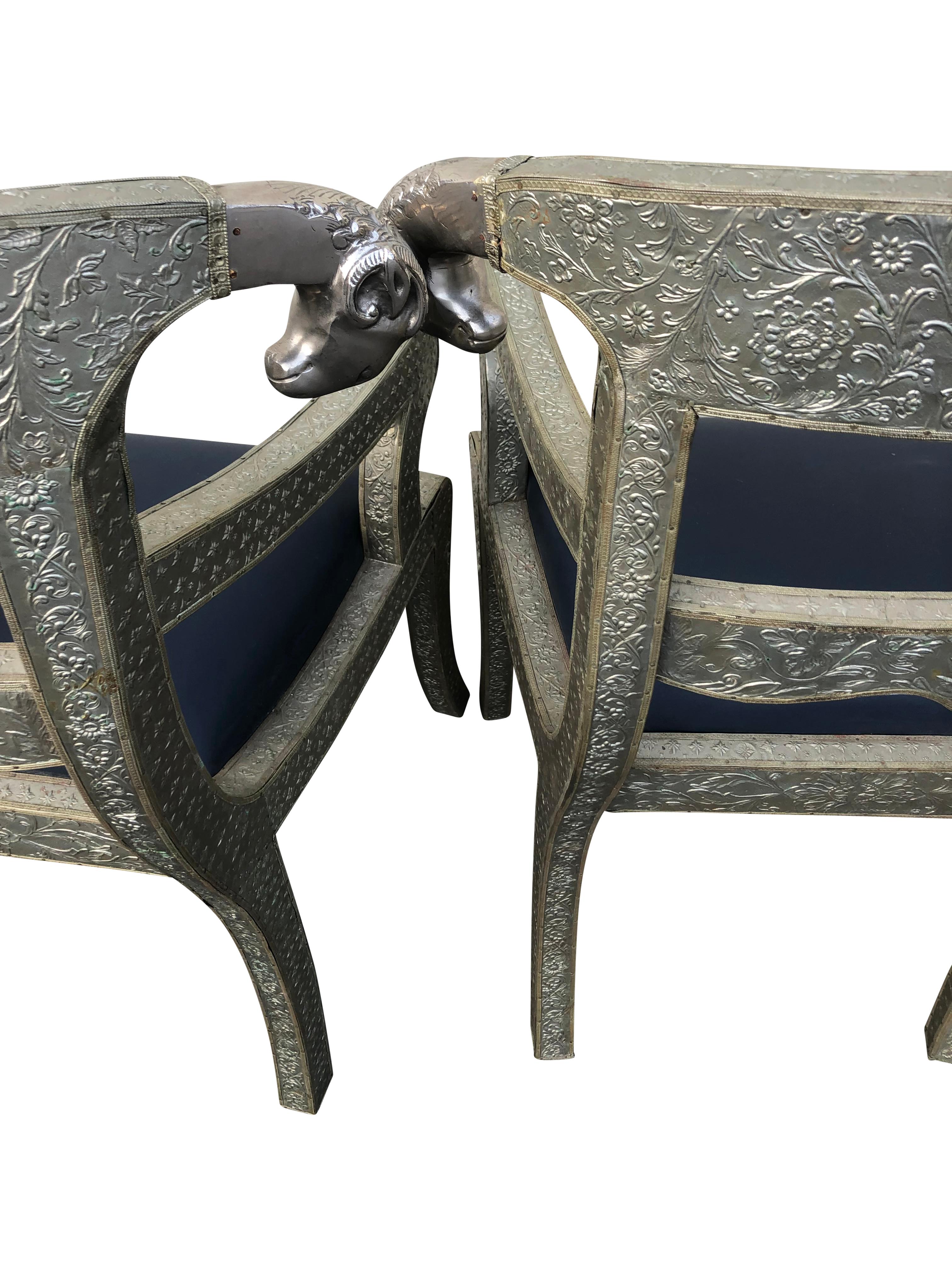Pair of Anglo Indian Silver Metal Clad Armchairs With Rams Heads. For Sale 13
