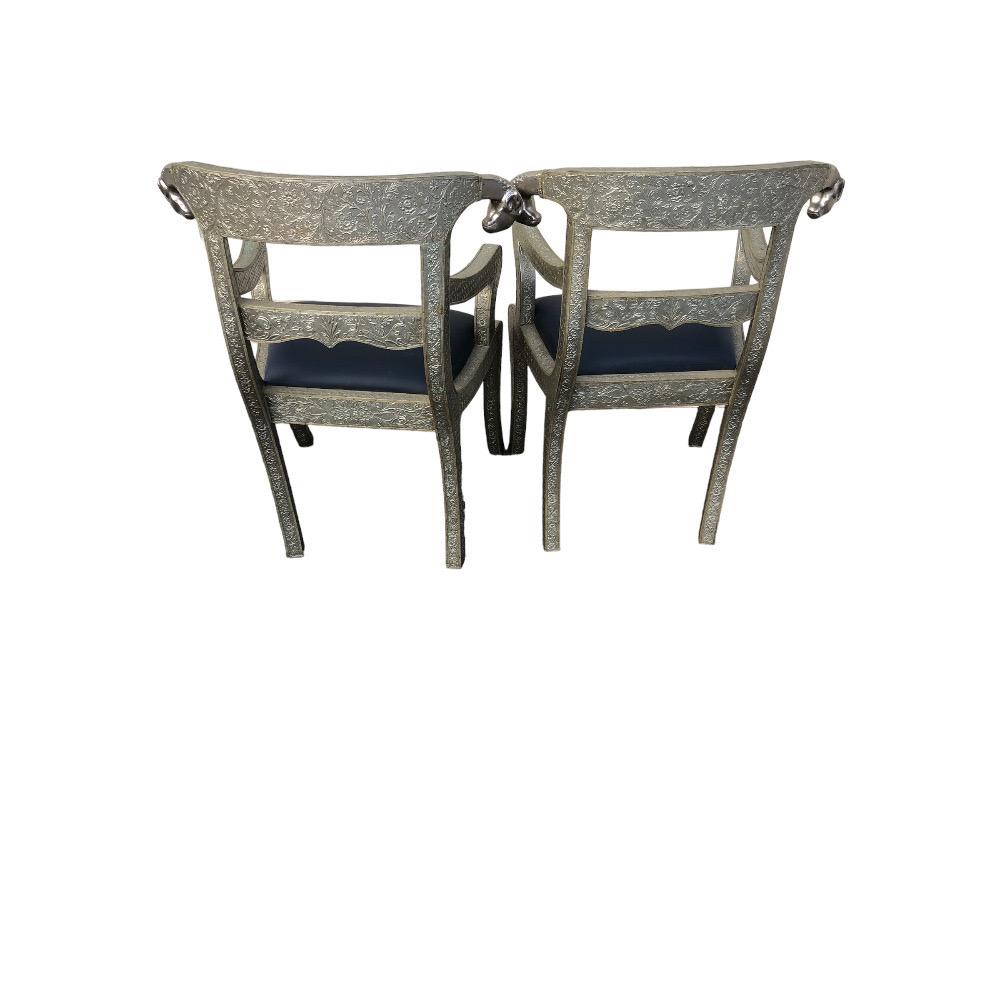 Pair of Anglo Indian Silver Metal Clad Armchairs With Rams Heads. For Sale 3