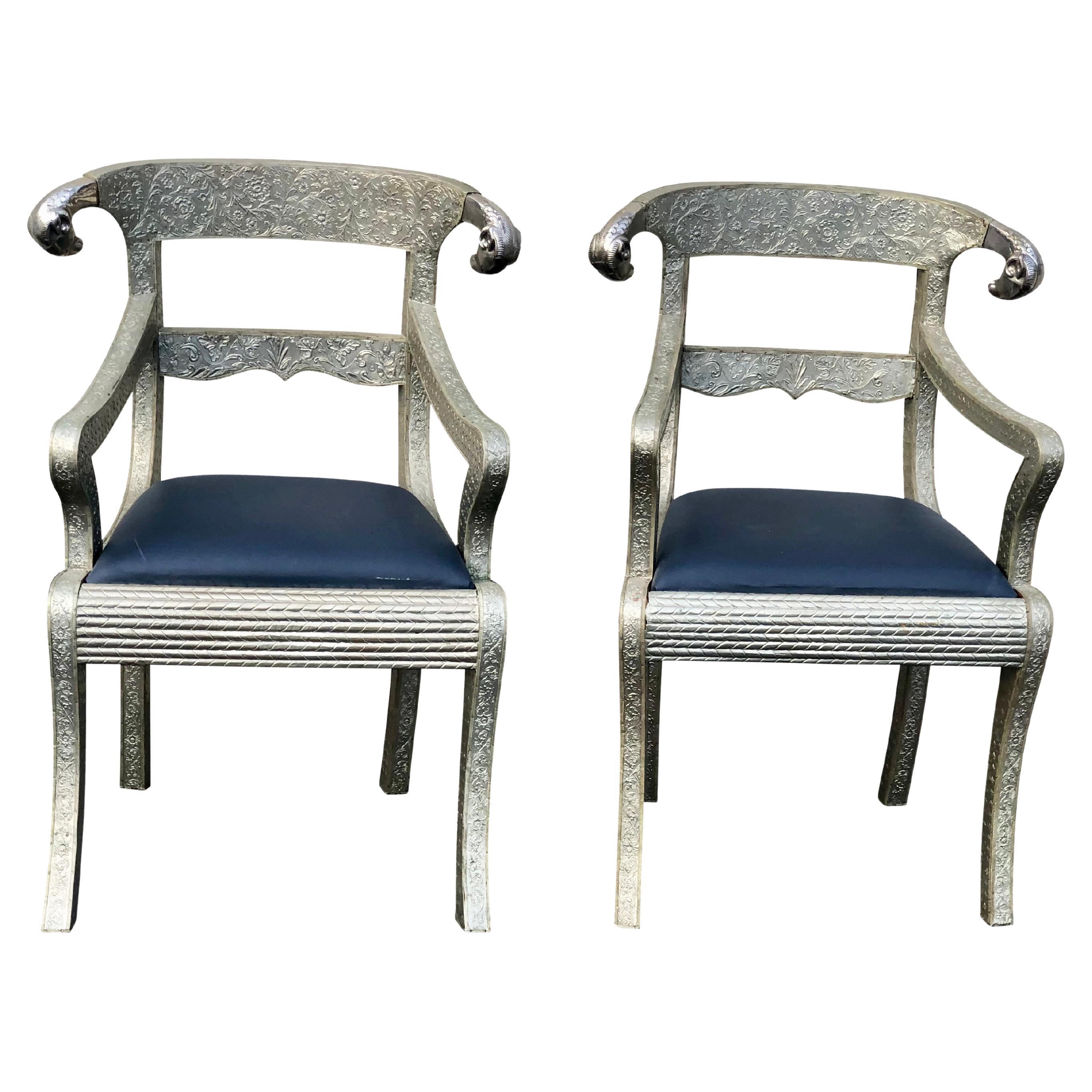 Pair of Anglo Indian Silver Metal Clad Armchairs With Rams Heads.