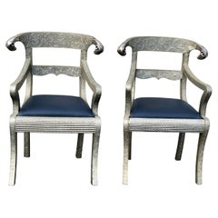 Vintage Pair of Anglo Indian Silver Metal Clad Armchairs With Rams Heads.