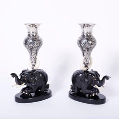 Pair of Anglo Indian Silver Vases on Carved Wood Elephants