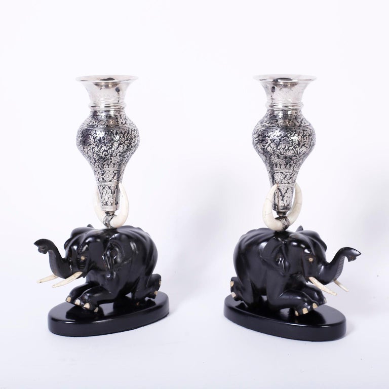 Pair of Anglo Indian Silver Vases on Carved Wood Elephants at 1stDibs