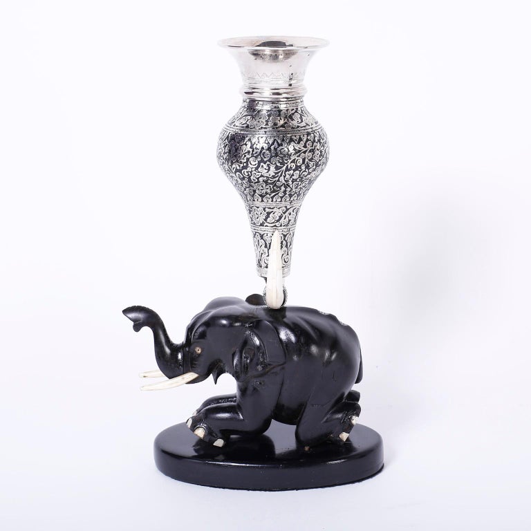 Pair of Anglo Indian Silver Vases on Carved Wood Elephants at 1stDibs