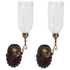 Retro Pair of David Duncan Scallop Shell Sconces with Greek Key Hurricane Shades