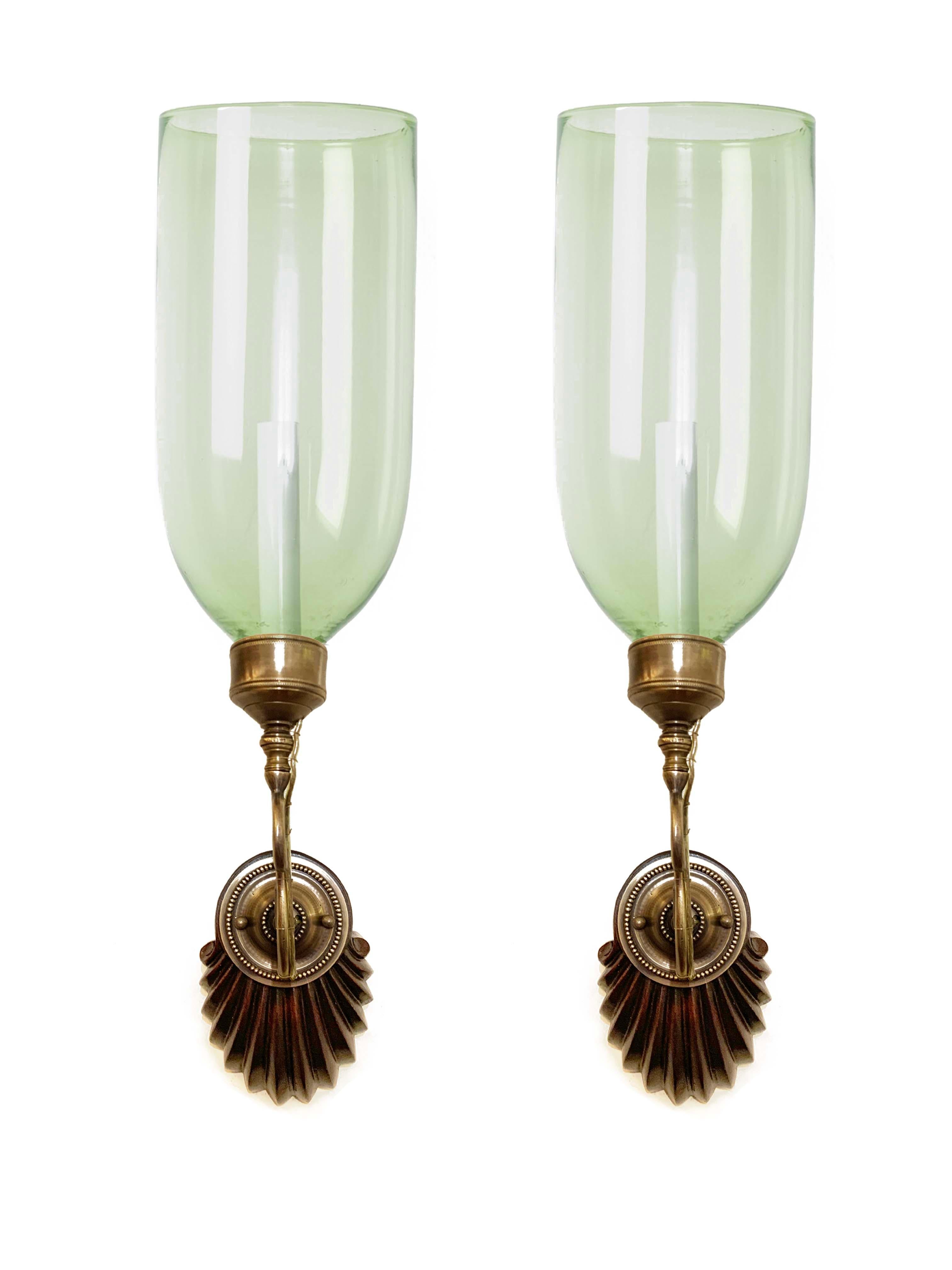 American Pair of David Duncan Scallop Shell Sconces with Light Green Hurricane Shades