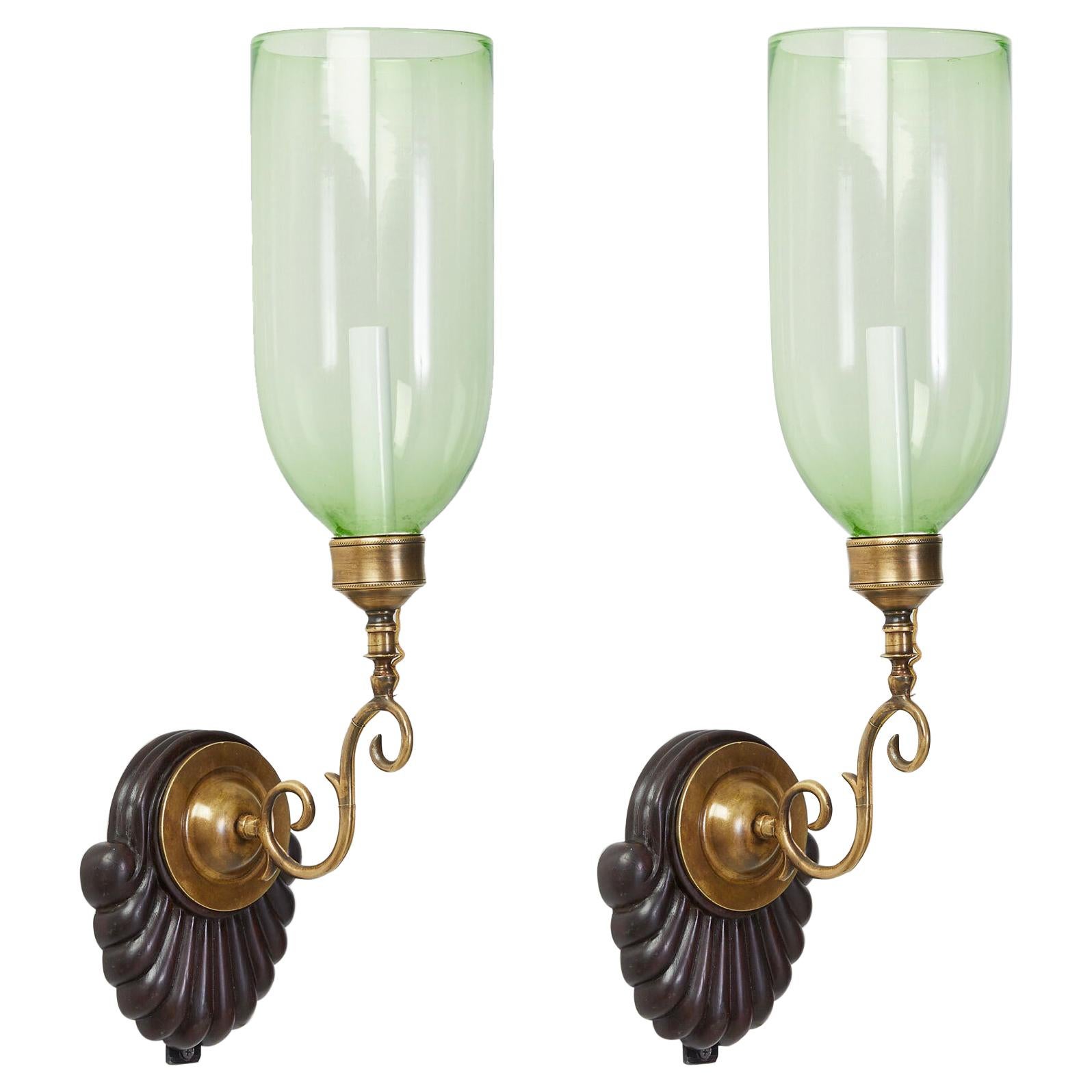 Pair of David Duncan Studio Scallop Sconces with Light Green Hurricane Shades For Sale