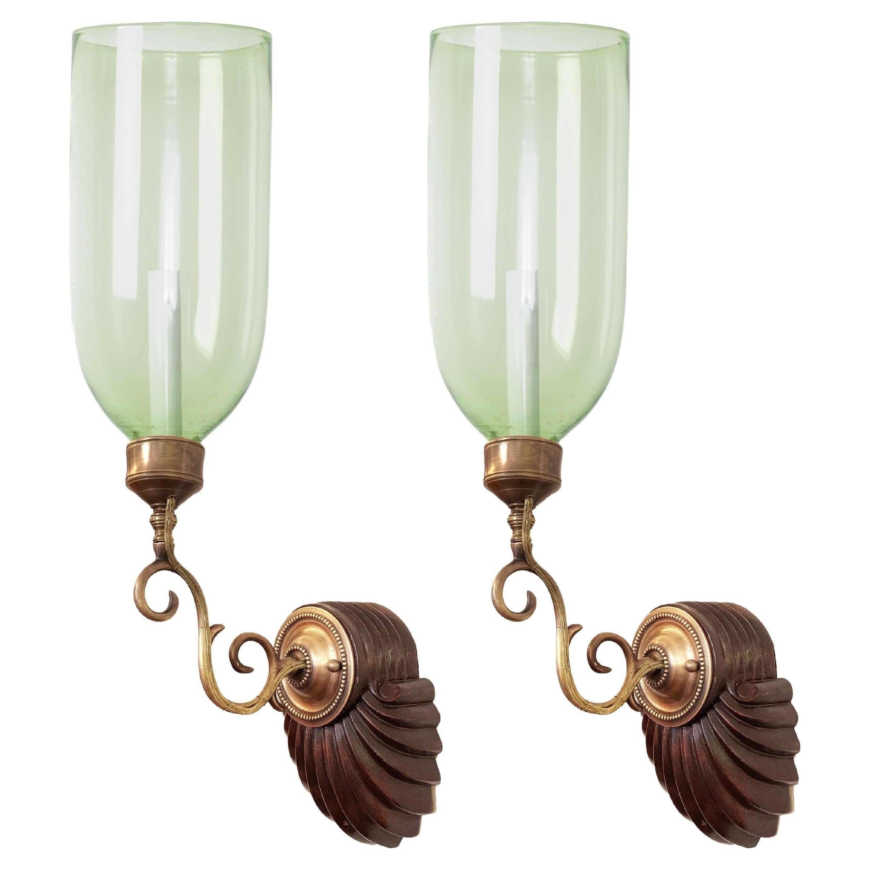 Pair of David Duncan Scallop Shell Sconces with Light Green Hurricane Shades