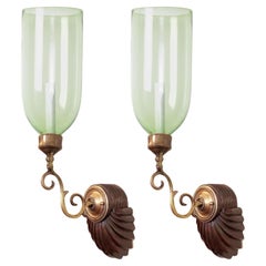 Pair of David Duncan Light Sconces with Light Green Hurricane Shades