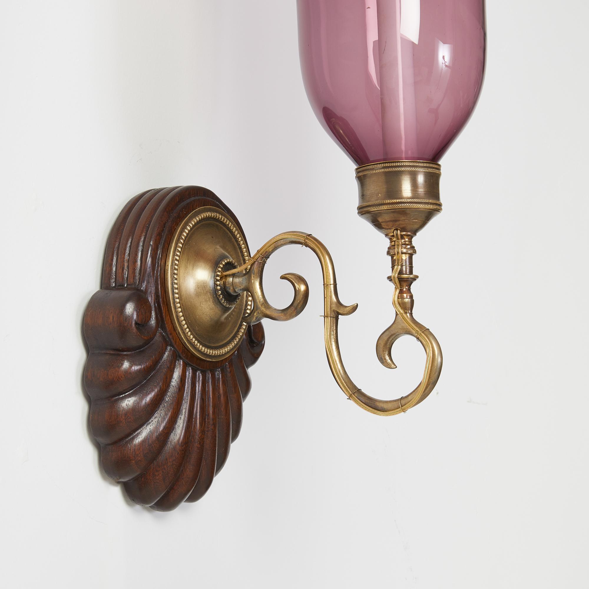 Georgian Pair of David Duncan Scallop Shell Sconces with Purple Hurricane Shades  For Sale