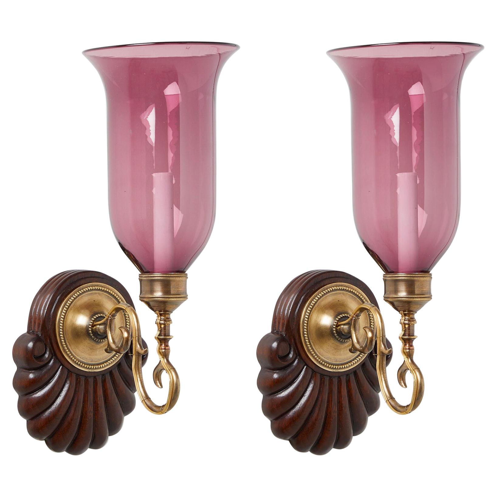Pair of David Duncan Scallop Shell Sconces with Purple Hurricane Shades  For Sale