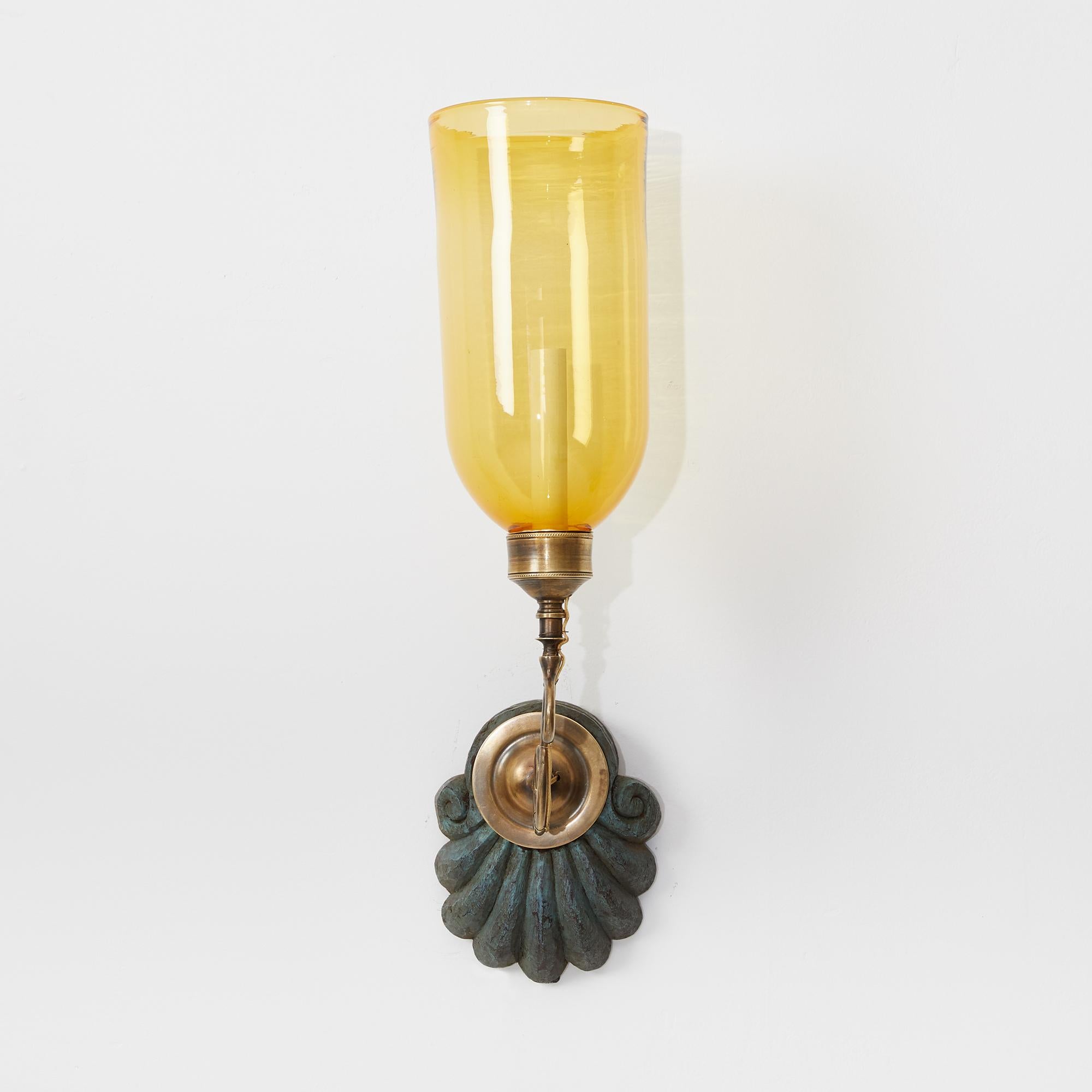 Georgian Pair of David Duncan Scallop Shell Sconces with Yellow Hurricane Shades
