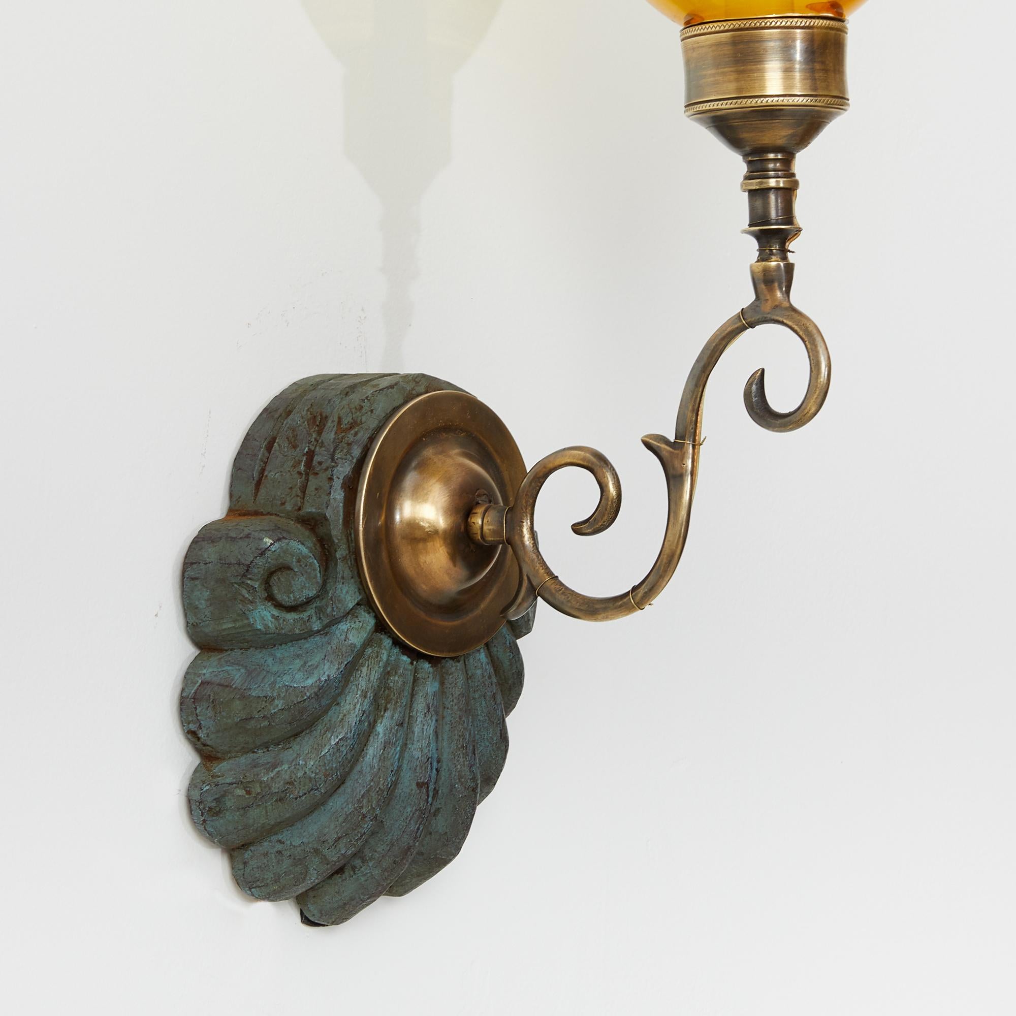 Hand-Carved Pair of David Duncan Scallop Shell Sconces with Yellow Hurricane Shades