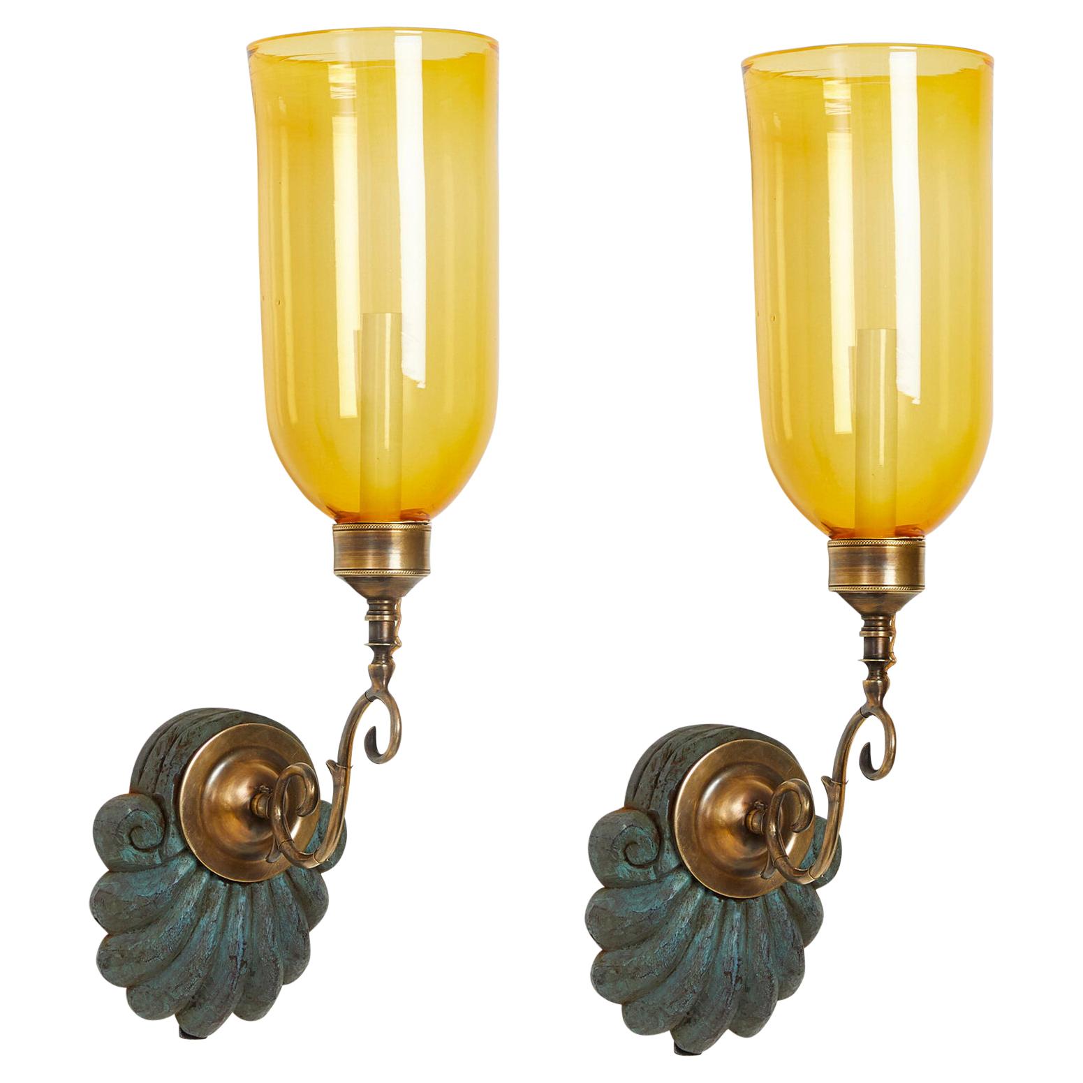 Pair of David Duncan Scallop Shell Sconces with Yellow Hurricane Shades