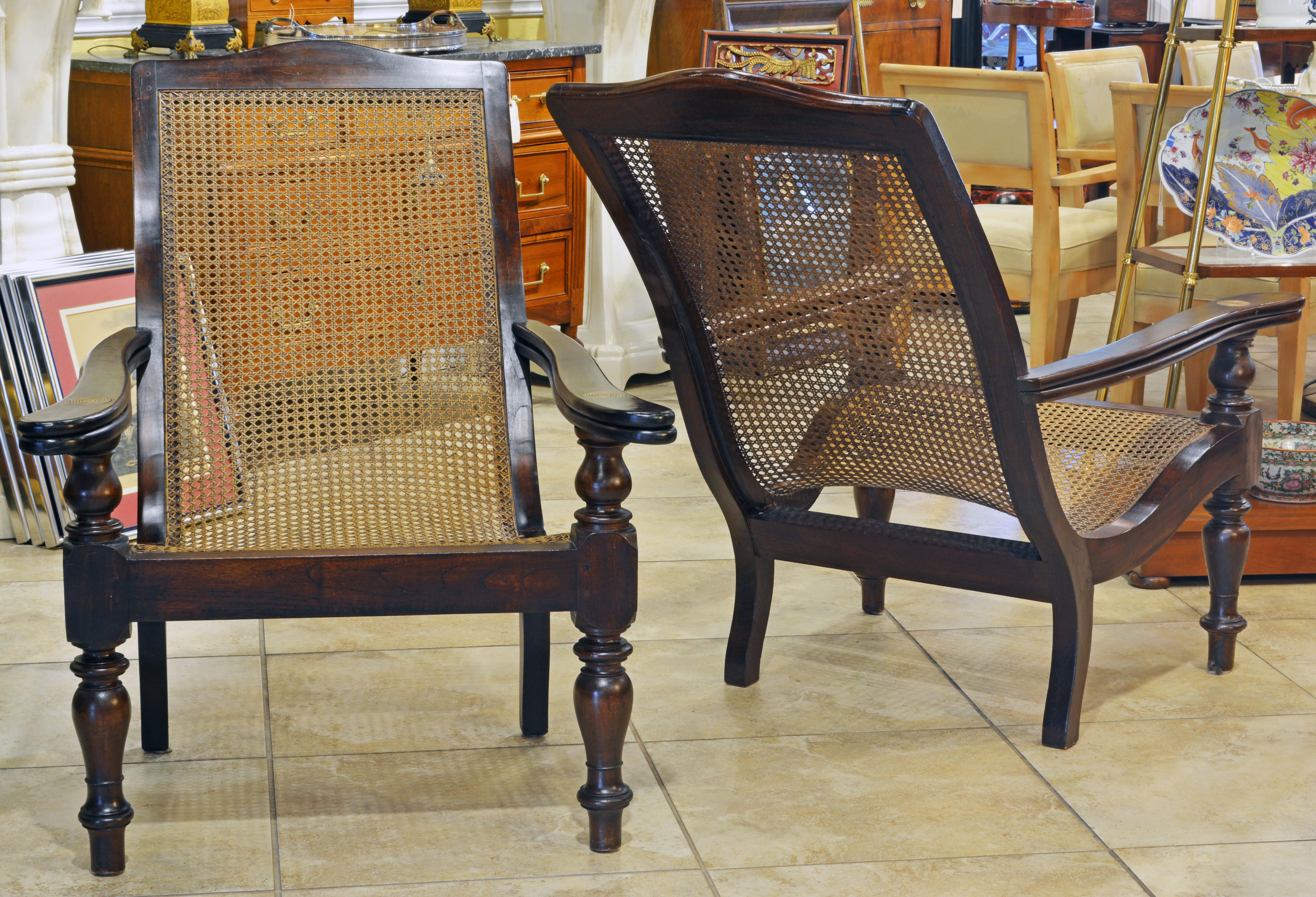 Pair of Anglo Indian Style 20th Century Mahogany and Cane Seat Plantation Chairs In Good Condition In Ft. Lauderdale, FL