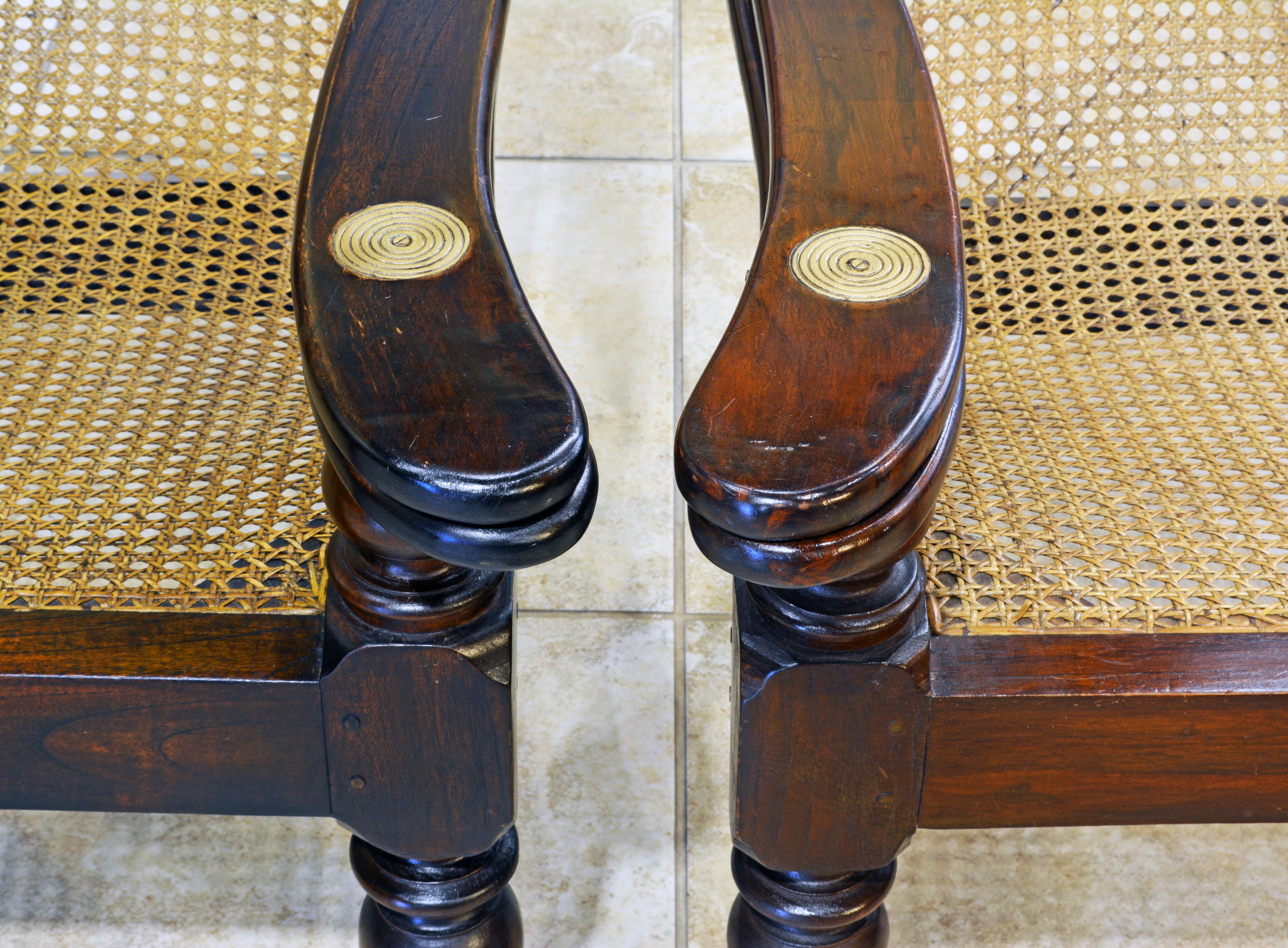 Pair of Anglo Indian Style 20th Century Mahogany and Cane Seat Plantation Chairs 1