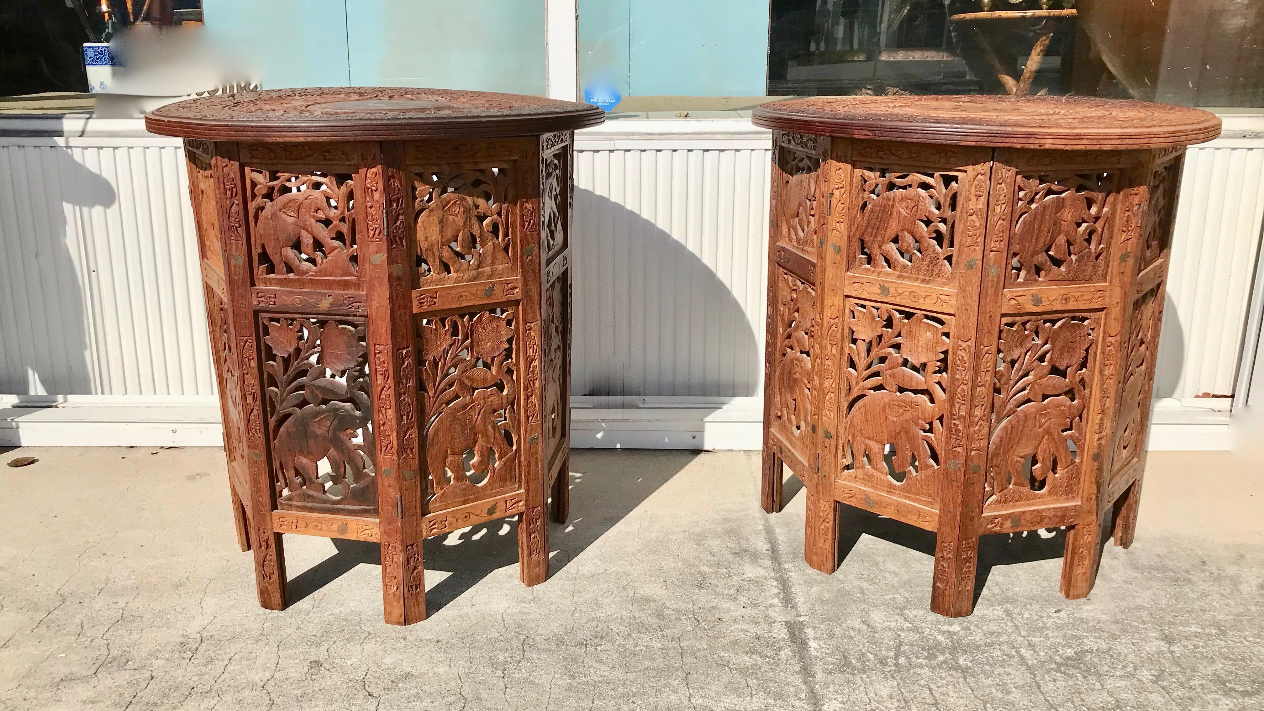 Carved Pair of Anglo - Indian Travel Tables For Sale